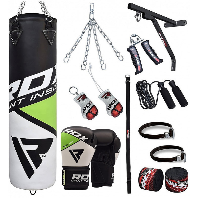 RDX FG Green 4ft Unfilled 17pc Punching Bag & 12oz Gloves Set