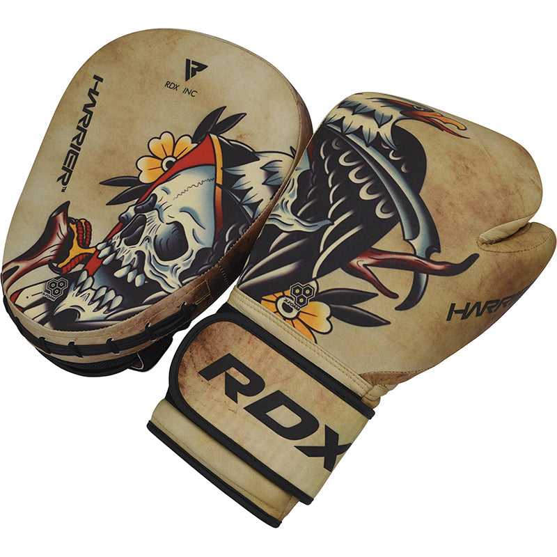 RDX T14 Harrier Tattoo Boxing Gloves, Focus Pads & Free Bag Set