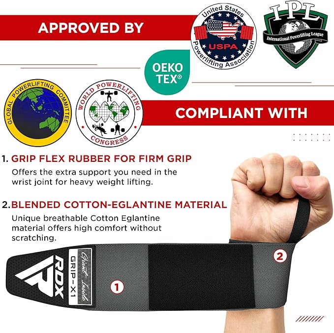 RDX W3 IPL USPA Approved Powerlifting Wrist Support Wraps with Thumb Loops OEKO-TEX® Standard 100 certified#color_grey