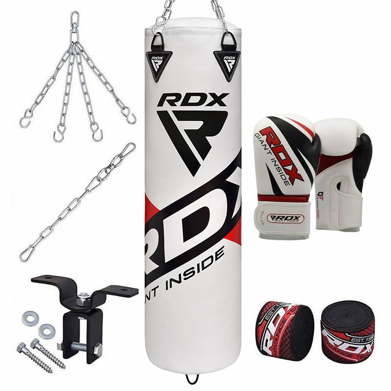 RDX F10 White 5ft UnFilled 8pc Punch Bag with 12oz Boxing Gloves