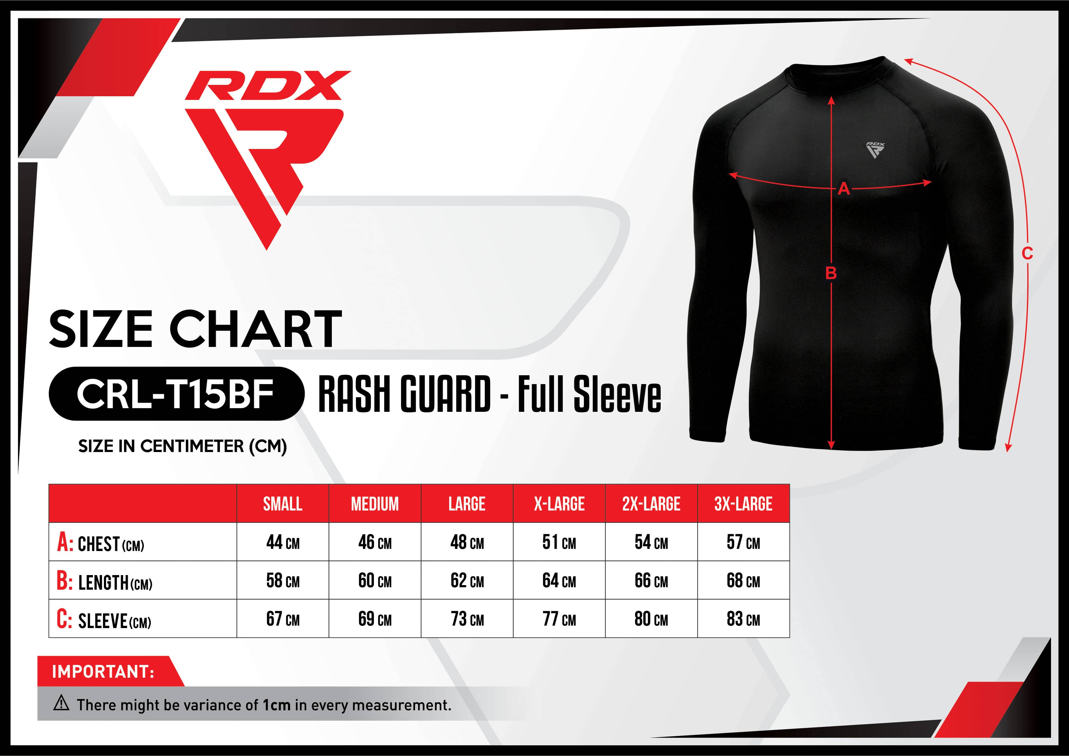 RDX T15 Maillot Noir Manches Longues Anti Irritation Size Chart