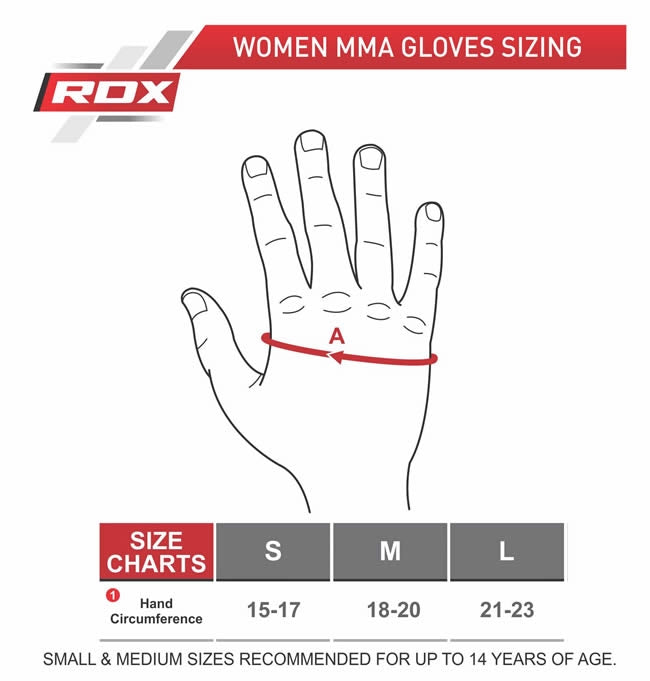 RDX F12 Femmes Rose MMA Gants de Grappling Size Chart