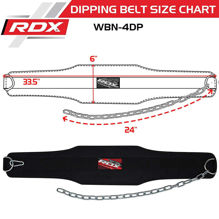 RDX 4DP Ceinture Dips avec Chaîne Size Chart