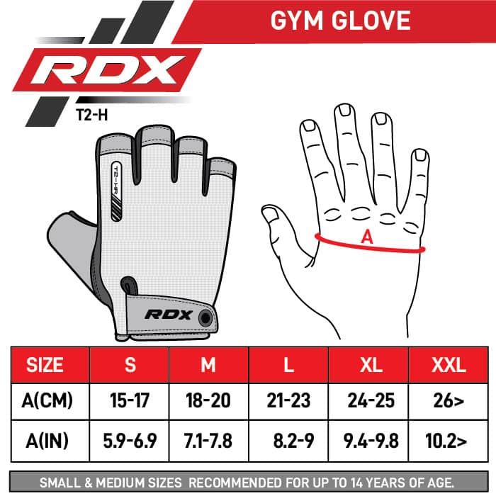 RDX T2 GANTS DE MUSCULATION DEMI-DOIGT Size Chart