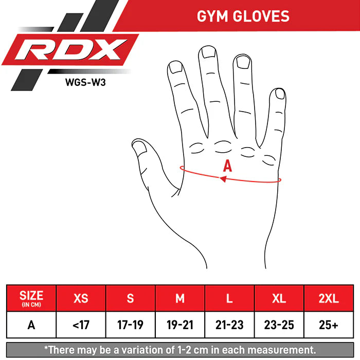 RDX Workout Gym Gloves W3 Size Chart