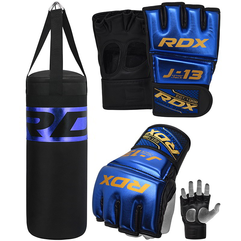 RDX J13 2ft 3-in-1 Blue UnFilled Punch Bag With Small MMA Gloves Set