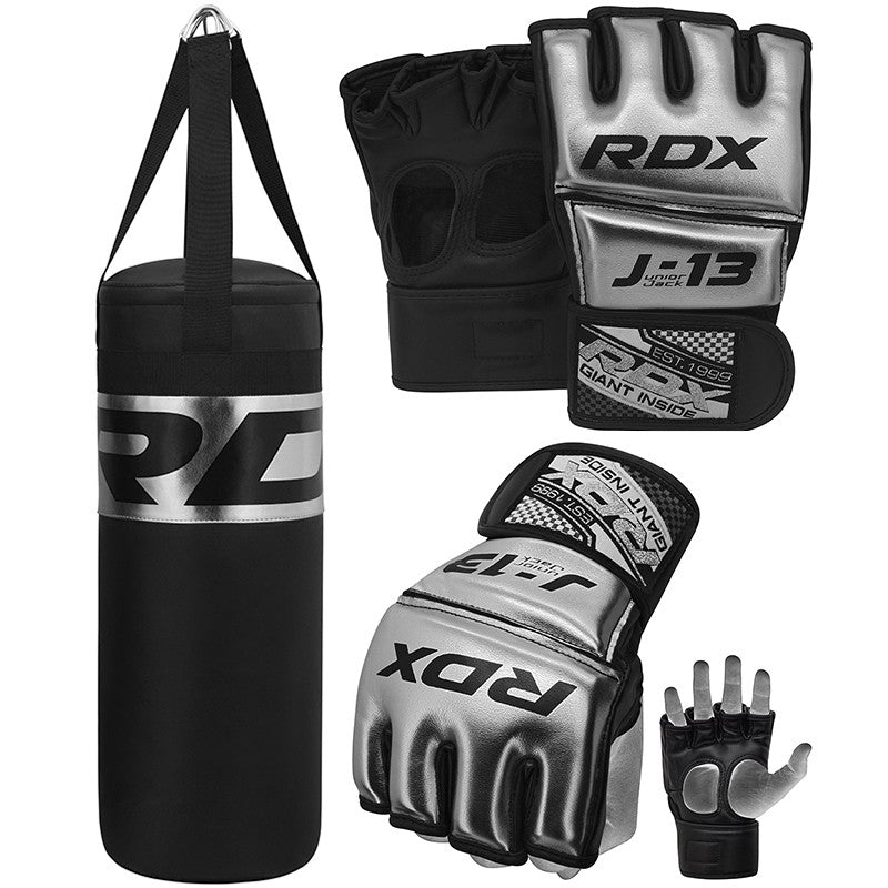 RDX J13 2ft 3-in-1 Silver UnFilled Punch Bag With Small MMA Gloves Set