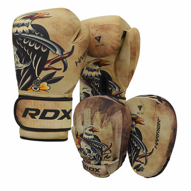 RDX T14 HARRIER Tattoo 10oz Brown Boxing Gloves, Focus Pads & Free Bag Set