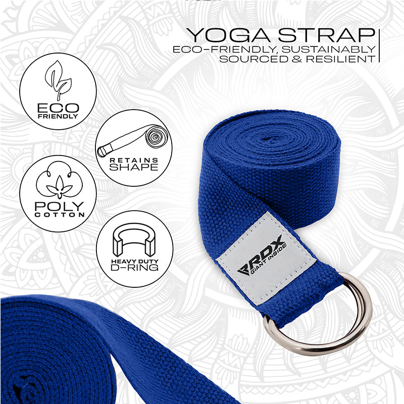 RDX P8 Non-Slip Cotton Yoga Strap with Rust Proof Steel D-Ring Buckle#color_blue