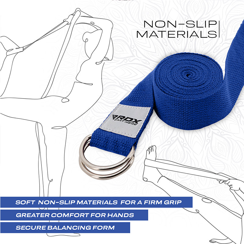 RDX P8 Non-Slip Cotton Yoga Strap with Rust Proof Steel D-Ring Buckle#color_blue