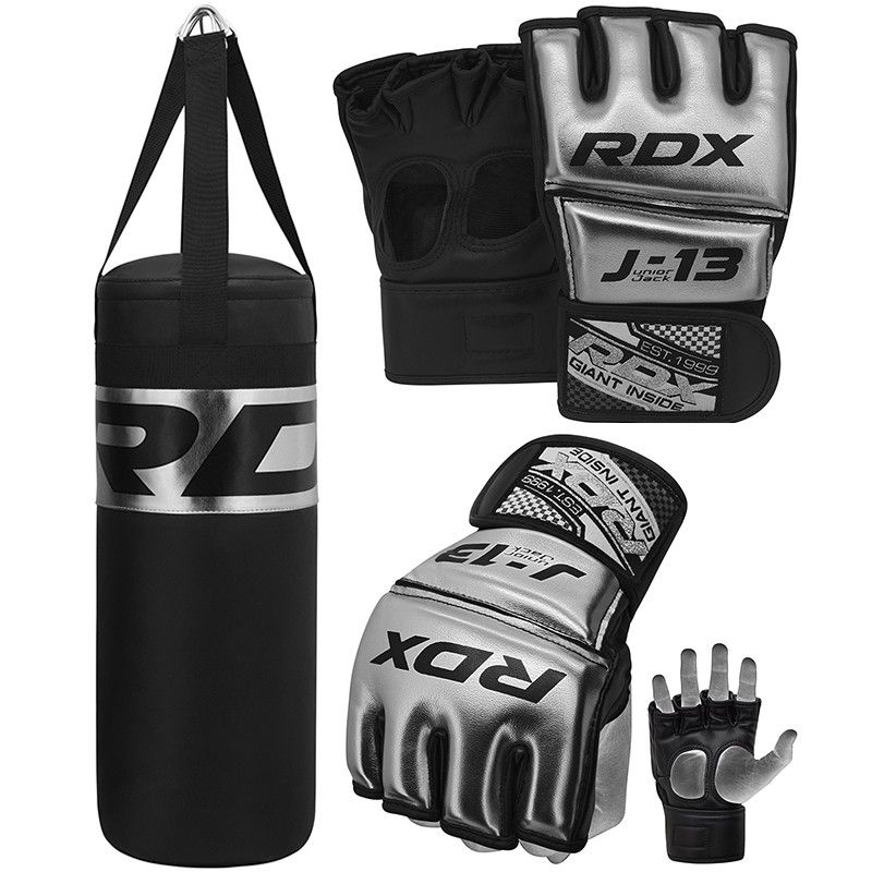 RDX J13 Junior Silver MMA Grappling Gloves & 2ft Punch Bag Set