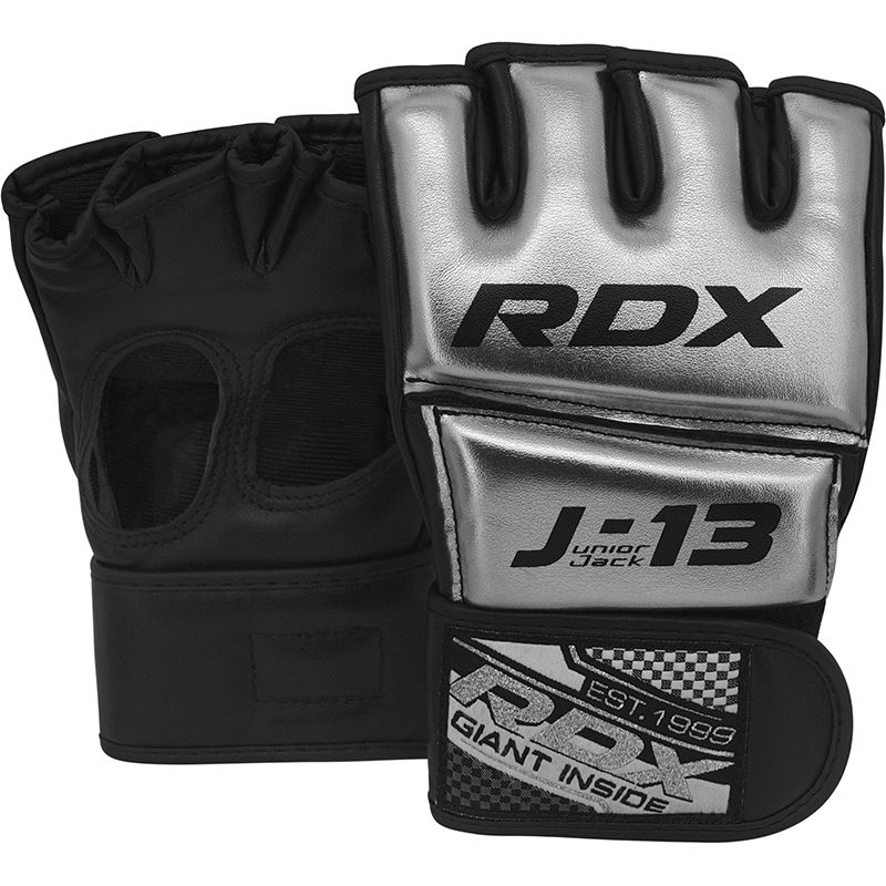 RDX J13 Junior Silver MMA Grappling Gloves & 2ft  Unfilled  Punch Bag Set