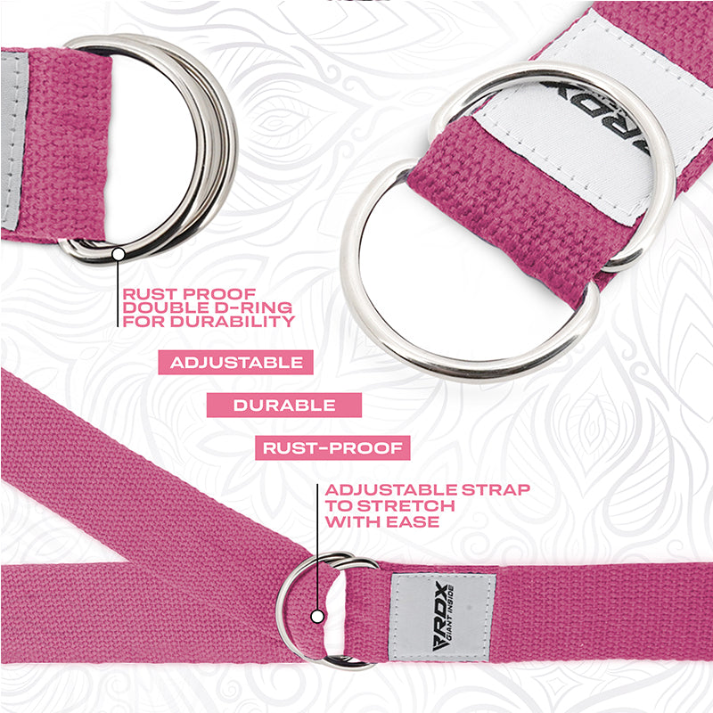 RDX P8 Non-Slip Cotton Yoga Strap with Rust Proof Steel D-Ring Buckle#color_pink