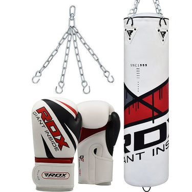 RDX F7 4Ft / 5Ft 3-In-1 Ego Punch Bag With Gloves White / Red Set