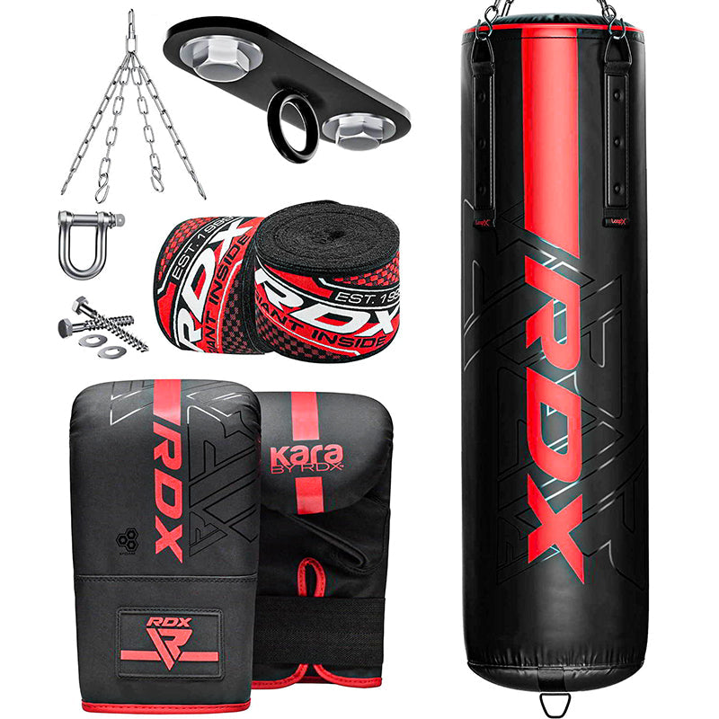 RDX F6 4ft / 5ft 8-in-1 KARA Heavy Boxing Punch Bag & Mitts Set-Red-Filled-4 ft