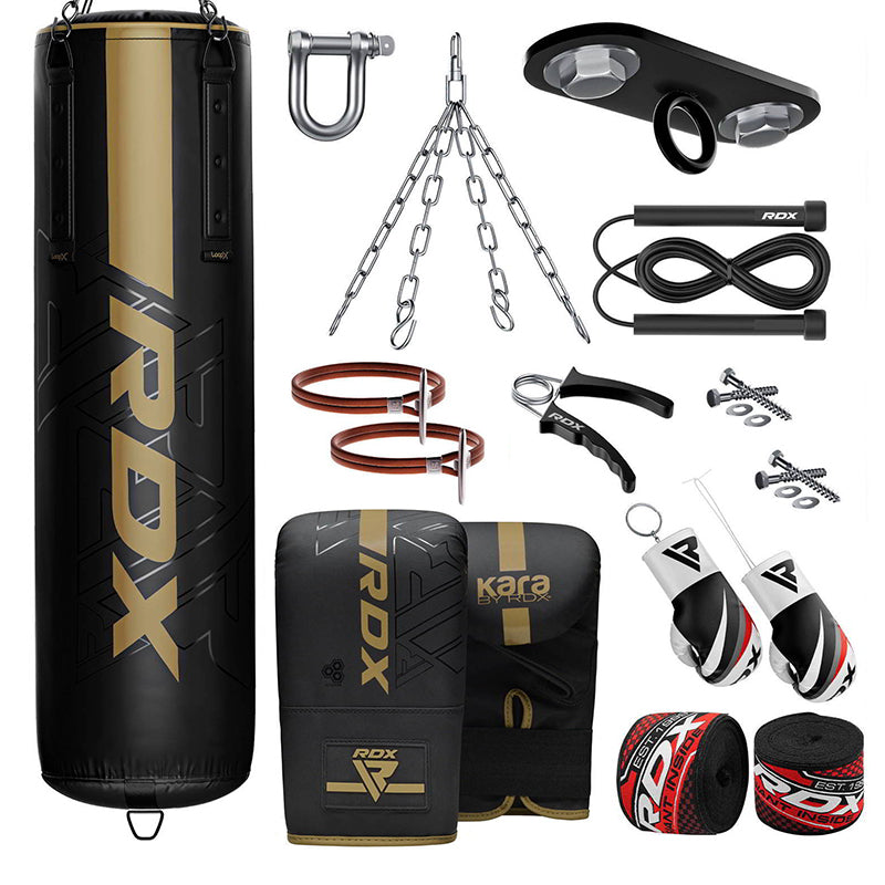 RDX F6 KARA 13pcs 4ft / 5ft Set Heavy Boxing Punch Bag & Mitts Home Gym Kit-5 ft-Golden-Filled