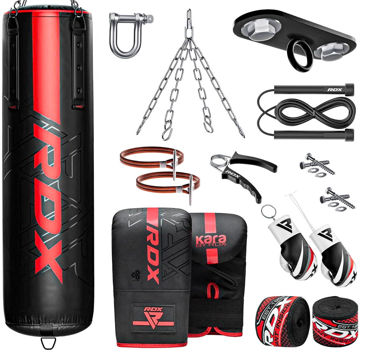 RDX F6 KARA 13pcs 4ft / 5ft Set Heavy Boxing Punch Bag & Mitts Home Gym Kit-4 ft-Red-Unfilled