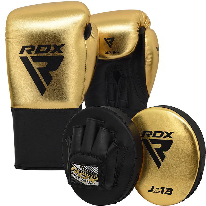 RDX J13 KIDS 8oz Golden Boxing Gloves & Pads Set