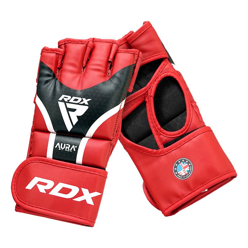 RDX MMA Boxing Gloves Grappling-Training Kickboxing Fighting Muay Thai,  Leather Sparring Mitts, Matte Black, L/XL 