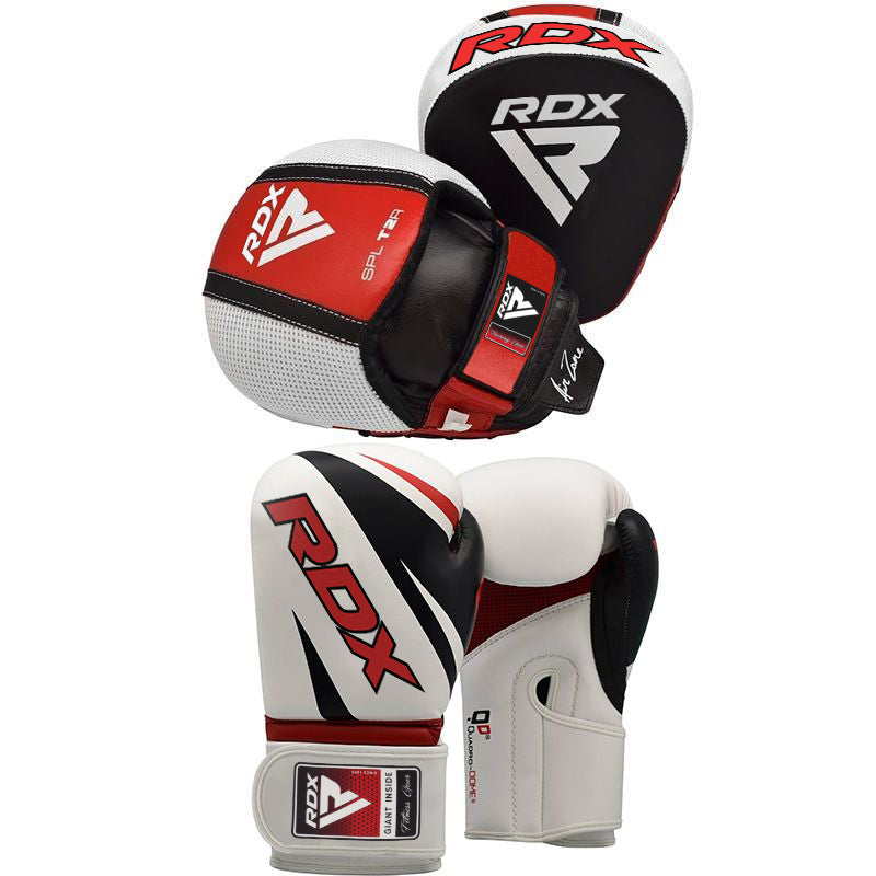 RDX red black white training boxing gloves with focus pads