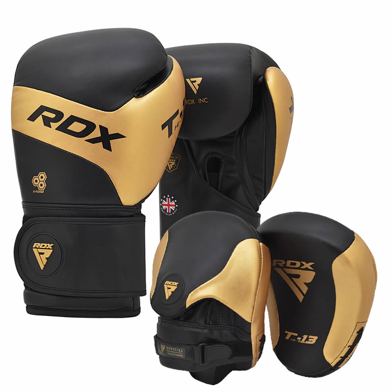 RDX T13 Boxing Gloves & Focus Pads Golden / Black-14oz